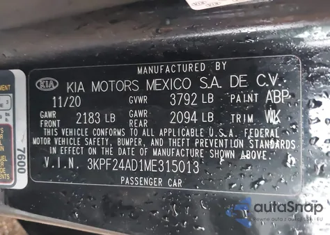 2021 Kia Forte Fe из США, поврежденный, VIN 3KPF24AD1ME315013